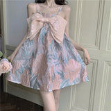 French Kawaii Sexy Mini Dress Women Bow Designer Princess Elegant Floral Sweet Strap Dress A-Line Beach Vintage Casual Dress