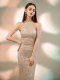 Elegant Off Shoulder Beaded Sequin Evening Dress Women Sliver Party Bodycon Maxi Dress
