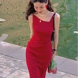 Summer 2021 Women Chic French Style Slim Sleeveless Elegant Solid Party Spaghetti Strap Backless Midi Dress