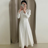 Elegant  Women White Party Split Fairy  Office Lady Long Sleeve Designer Korean Style Autumn