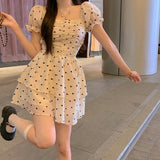 Summer Polka Dot Print Dress Korean Puff Sleeve Designer Elegant Sweet Dress Ruffles Yellow Party Mini Kawaii Casual Dress 2021