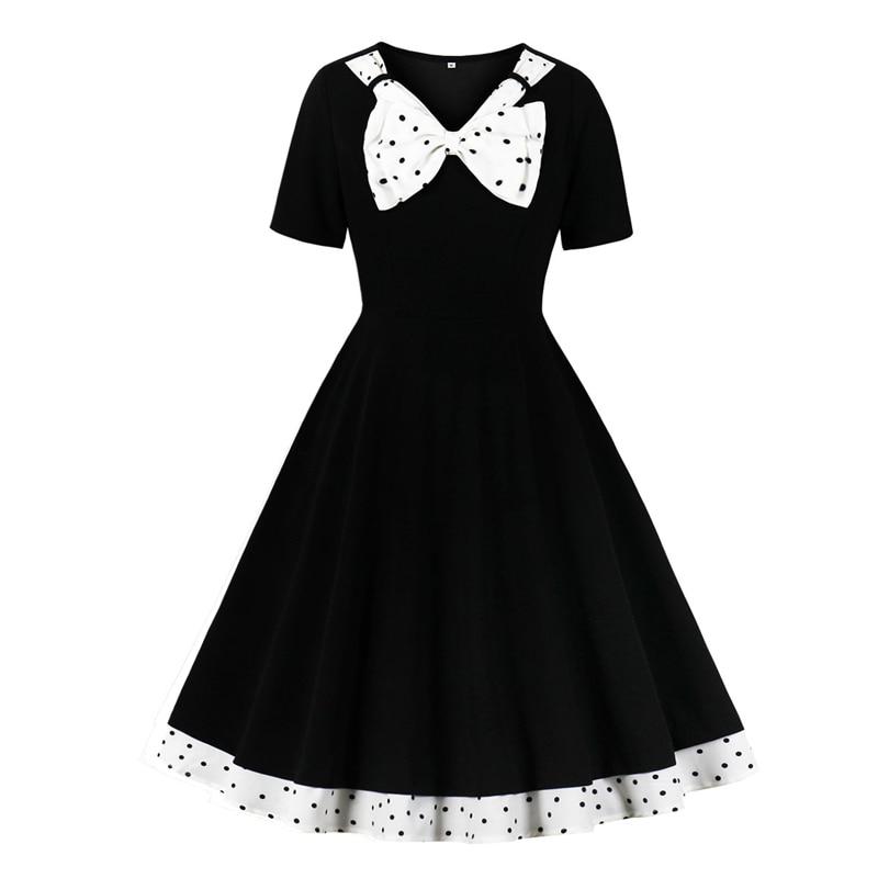2021 Polka Dot Bow Neck Elegant 50s Vintage Style Women Pinup Dress Short Sleeve Spring Midi Dresses Party Retro Clothes