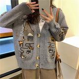 Autumn Women Vintage Long Sleeve Cartoon embroidery Sweater Coat Casual Knitted Cardigans