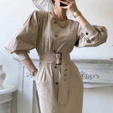 Autumn Spring Women Dress Single-Breasted Female Elegant Long Sleeve Belted Loose Vestidos Clothes