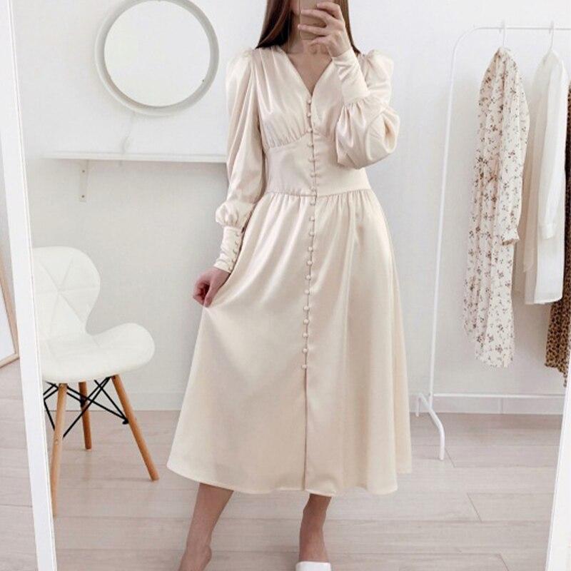 Satin Prom Women's Long Dress For Party Lantern Sleeve A-Line High Waist Slim Elegant Dresses 2021 Clothes New Year Ball Evening