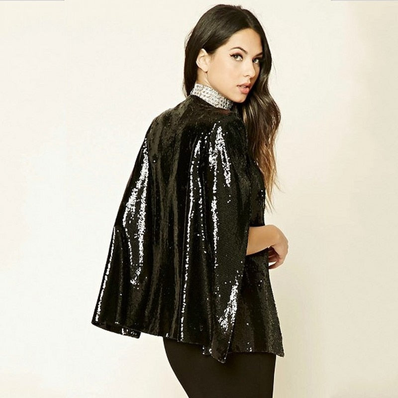 Black Sequins Coat Party Designer Blazer Women Lapel Split Cloak Cape Suit Lady Office Workwear Outfits
