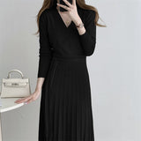 V Neck Long Sleeve Knitted Dress With Belt Autumn Winter Chic Elegant Pleated Midi Dress