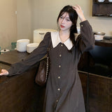 Women Elegant Peter Pan Collar Dress Vintage Puff Sleeve A-line Female Dress 2021 Ladies Midi Vestidos