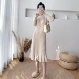 Women Spring Autumn 2021 O-Neck Knit Dress Female Ruffle Long Sleeve A-Line Midi Sweater Dress