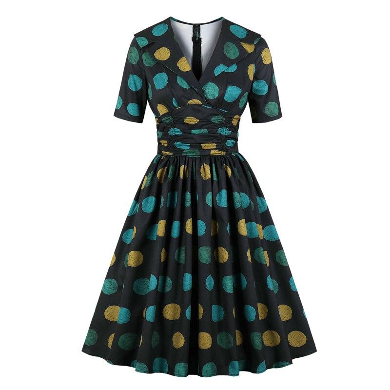 Multicolor Polka Dot High Waist Slim Vintage Summer Half Sleeve Pinup Retro Pleated Dress