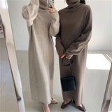 Casual Autumn Winter Women Turtleneck Full Sleeve Thick Maxi Knitted Pullovers Dress Female Basic Loose Sweater Dress