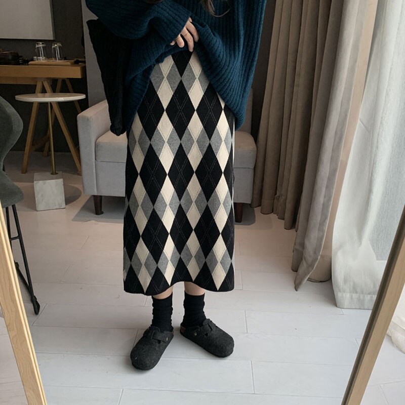Women Elastic High Waist Knitted Bodycon Elegant Plaid Thick Warm Straight Skirt Outwear