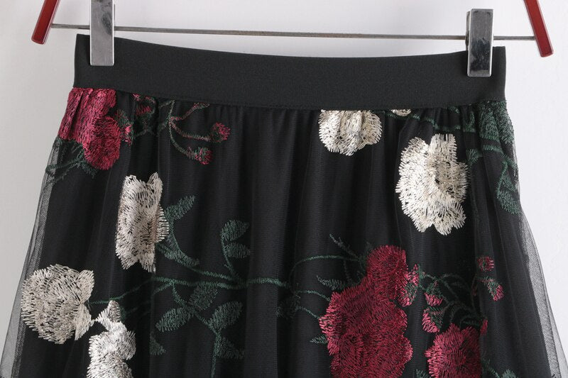 New Women A-Line Stretch High Waist Flower Embroidery Long Spring Mesh Skirt