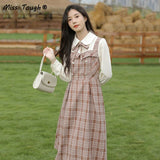 Patchwork Vintage Kawaii Dress Women Fake Two-Piece Plaid Party Midi Dress Female Korean College Style Chic Dress Autumn 2021