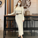 Autumn Winter Women Thicken Puff Sleeve Sweater Dress Casual Turtleneck Bodycon Female Knitted Dress Vestidos