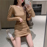 2021 New Women's Autumn French Long Puff Sleeve Mini Dress Slim Sexy Solid Color Bodycon Party Vestidos