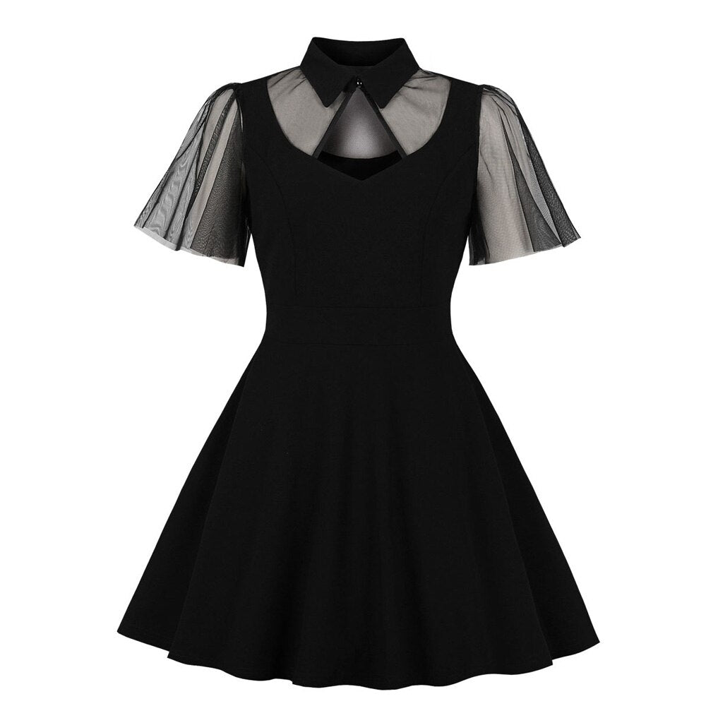 Little Black Clubwear Short Sleeve Mesh Patchwork Robe Pin Up Swing Party Dress Club Wear