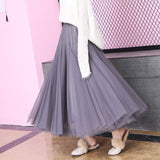 Women High Waist Mesh Solid A-Line Long Casual Pleated Skirts Streetwear