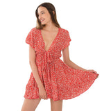 New Deep V Lace Ruffle Summer Flower Print Mini Beach Dress