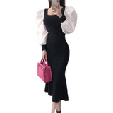 Spring Women New Elegant Square Collar Slim Knit Dresses Patchwork Puff Sleeve Korean Chic Long Sleeve Vestidos