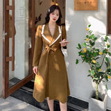 Winter Women Elegant Notched Collar A-line Dress Casual Long Sleeve Slim Waist Sashes Dress Female Party Vestidos