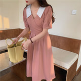 Summer Women French Elegant Turn Down Collar Puff Sleeve Dress Casual Patchwork Vestidos