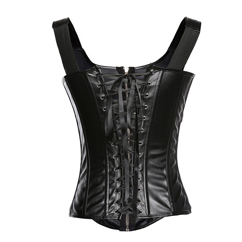 Women Faux Leather Steampunk Corset Vest Sexy Gothic Overbust Corset Top Straps Buckle-Up Zipper Corsets and Bustiers Plus Size