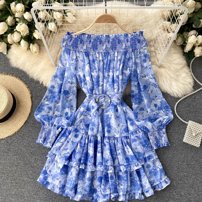 Ruffle Hem Beach Vacation Floral Print Chiffon Mini Dress With Belt Elegant Women Long Sleeve Off Shoulder Dress