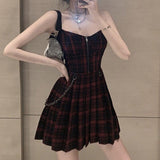 Preppy Style Gothic Girls Sexy Vintage Mini Dress Red Balck Pleated Plaid Women Mini Short Dresses Punk Hip Hop Streetwear