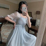 Vintage Retro Fairy Dress Women Puff Sleeve Chiffon Plaid Summer Dress Patchwork Designer French Style Elegant Korean Dress 2020