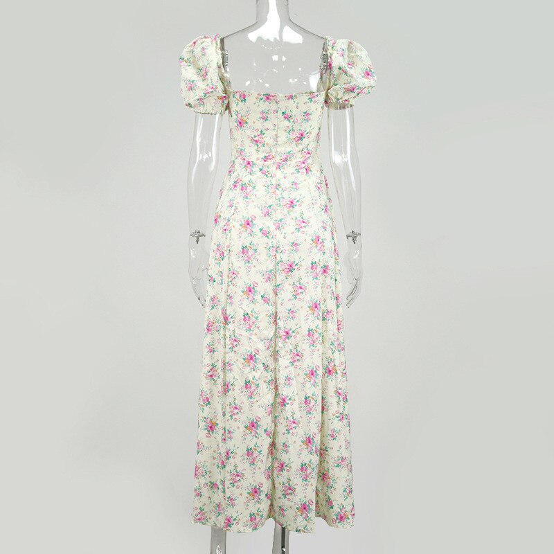 Floral Vintage Midi High Waist Short Puff Sleeve Side Slit Elegant Print Dress
