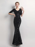 Half-sleeve V-neck Mermaid Sequined Evening Dress Gold Floor-Length Vestidos Black Elegant Formal Gown New Party Dress