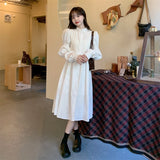 Women Puff Sleeve Casual Dress Autumn Single-Breasted Lace-Up White Shirt Dress Female A-line Vestidos