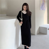 Winter Women Elegant V-Neck Slim Waist Female A-Line Sweaters Ladies Midi Dress Stretch Warm Knitted Dress