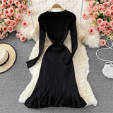 Mermaid Autumn Winter Elegant Ribbed Sweater Dress Crew Neck Ruffle Hem Knitted Bodycon Midi Dress