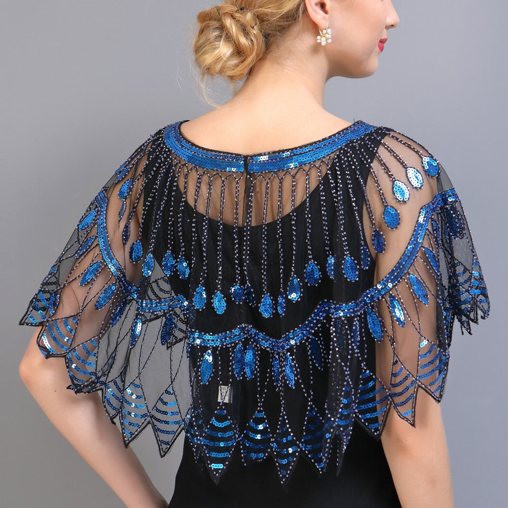 Women 1920s Geometric Mesh Shawl Wraps Sequin Beaded Evening Cape Bolero Flapper Gatsby Party Dress Cover Up