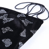 Glitter Butterfly Print Black Women Spaghetti Strap Side Slit Slash Neck Vintage Summer Dress