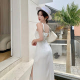 2021 Women  Sexy White Solid Beach Party Spaghetti Strap Midi Slit Dress Elegant Female Summer Bodycon Clothes