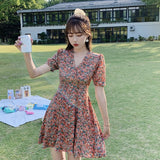 Women French Romance Puff Sleeve Dresses Casual Floral Print Dresses Boho Beach Mini Dresses