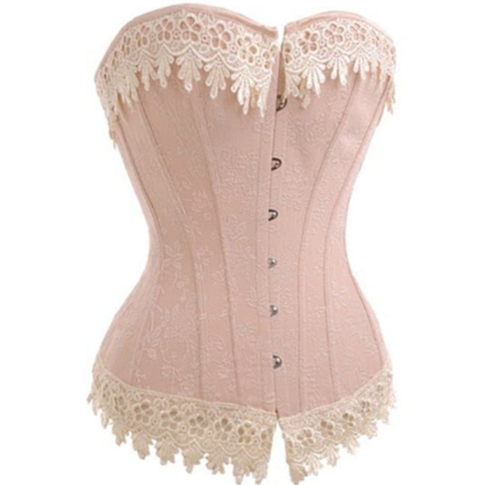 Jacquard Pink Lace Up Boned Overbust Corset And Bustier Lace Up Basque Shapewear Plus size S-6XL