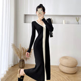 Autumn Winter Women Patchwork V-Neck Dress Long Sleeve A-Line Female Sweater Midi Dress Ladies Knitting Vestidos