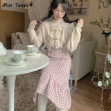 Japanese Kawaii Plaid Strap Dress Women Sweet Bow Designer Party Midi Dress Female Casual Korean Fashion Winter Cute Dress 2021