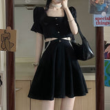 2021 Summer Kawaii Sweet Dress Women Puff Sleeve Elegant Casual Party Mini Dresses Cut Out Black Cute Korean Sexy Y2k Sundress