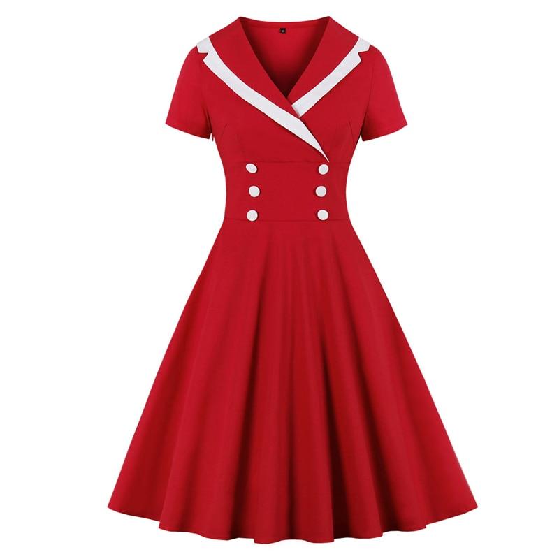 Retro Notched Collar Button Front Elegant Red Vintage A-Line Cotton Summer Swing Dress