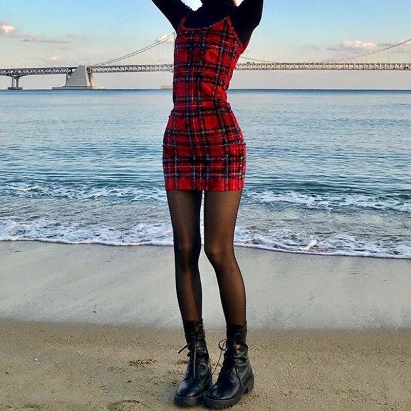 Gothic Sexy Backless Plaid Women Dress Streetwear Party Bodycon Dresses Punk Hip Hop Fashion Female Summer Party Clothing