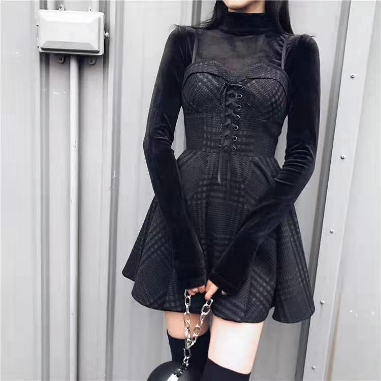2020 Women Plaid Pleated Mini Dress Gothic Harajuku Sexy Sling Strap Backless Rock Punk Jurken Goth Girls Female Short Vestidos