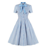 Striped Short Sleeve Cotton Button Up Robe Pin Up Swing Elegant Office Ladies Dresses