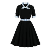 Women V Neck Half Sleeve Patchwork Belt Robe Pin Up Swing Party Office Ladies Dresses