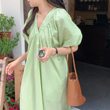 Summer Spring Women French Casual Puff Sleeve Dress Folds V-Neck Loose Solid Midi Vestidos