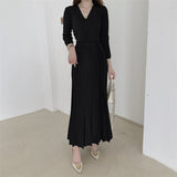 V Neck Long Sleeve Knitted Dress With Belt Autumn Winter Chic Elegant Pleated Midi Dress